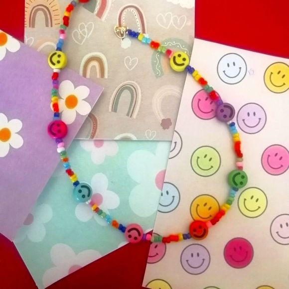Rainbow smile face necklace with beads - Picture 1 of 5